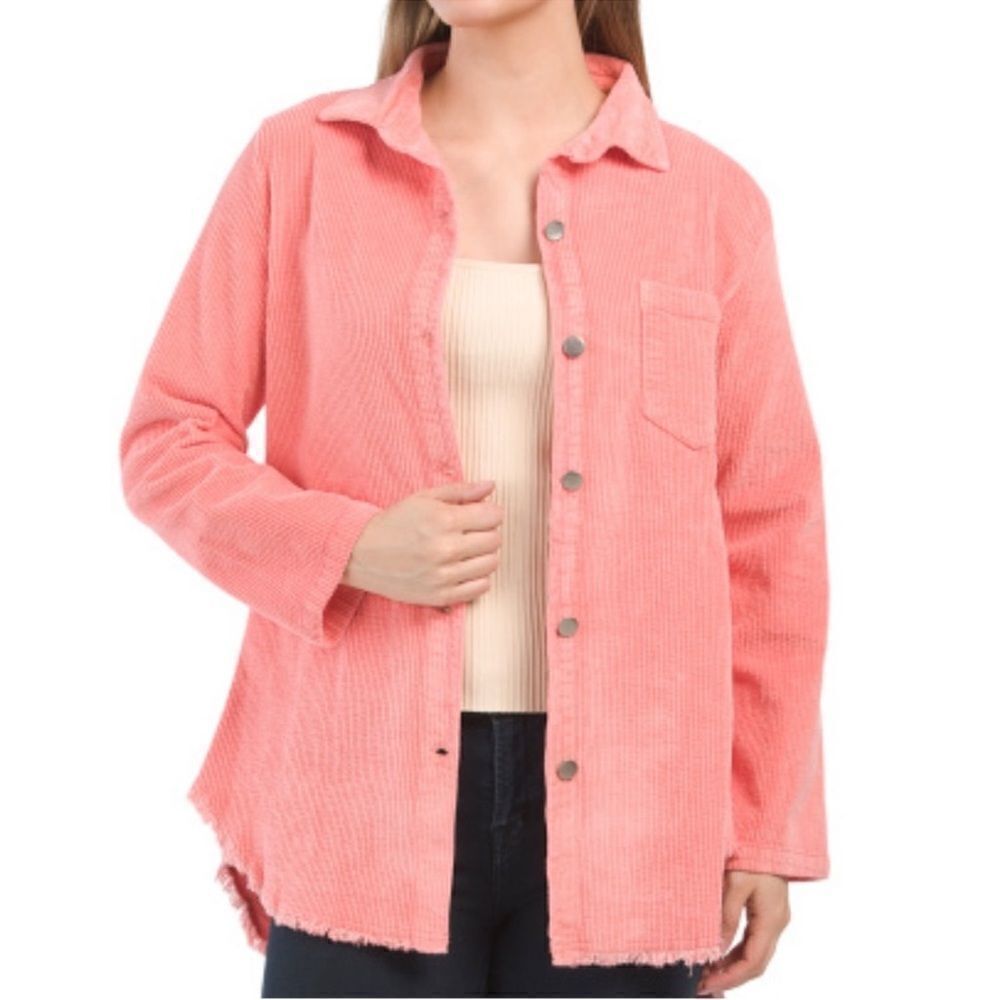Elan S M Pink Vintage Wash Stretch Button Front Collared Corduroy Shacket